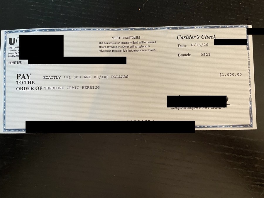 $1,000 settlement cashier's check